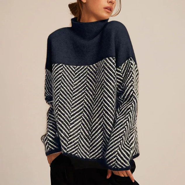 Suéter de Punto Chevron Cómodo para Mujeres con Cuello Alto, Manga Larga, Estilo Oversized y Colorblock