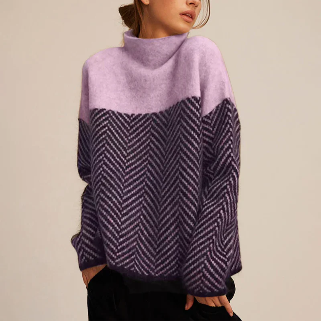 Suéter de Punto Chevron Cómodo para Mujeres con Cuello Alto, Manga Larga, Estilo Oversized y Colorblock