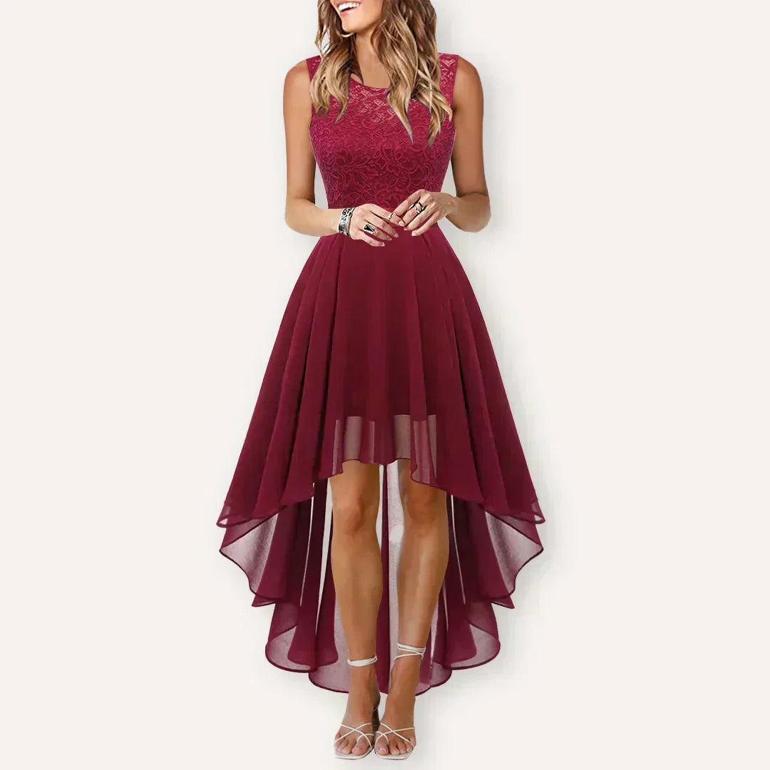 Elegante Vestido de Chifón con Encaje Alto-Bajo para Mujeres con Cuello Redondo, Sin Mangas, Estilo Cóctel