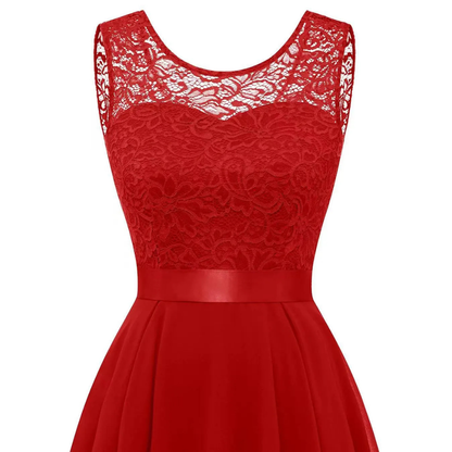 Elegante Vestido de Chifón con Encaje Alto-Bajo para Mujeres con Cuello Redondo, Sin Mangas, Estilo Cóctel