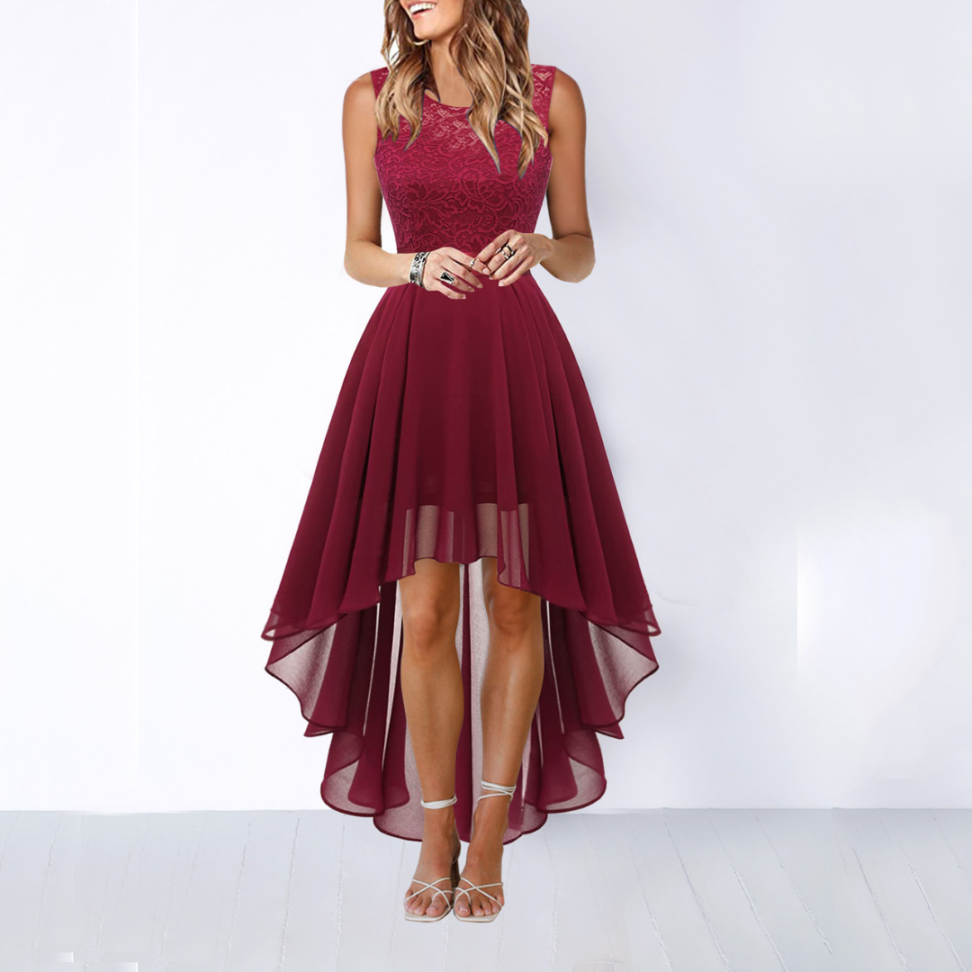 Elegante Vestido de Chifón con Encaje Alto-Bajo para Mujeres con Cuello Redondo, Sin Mangas, Estilo Cóctel