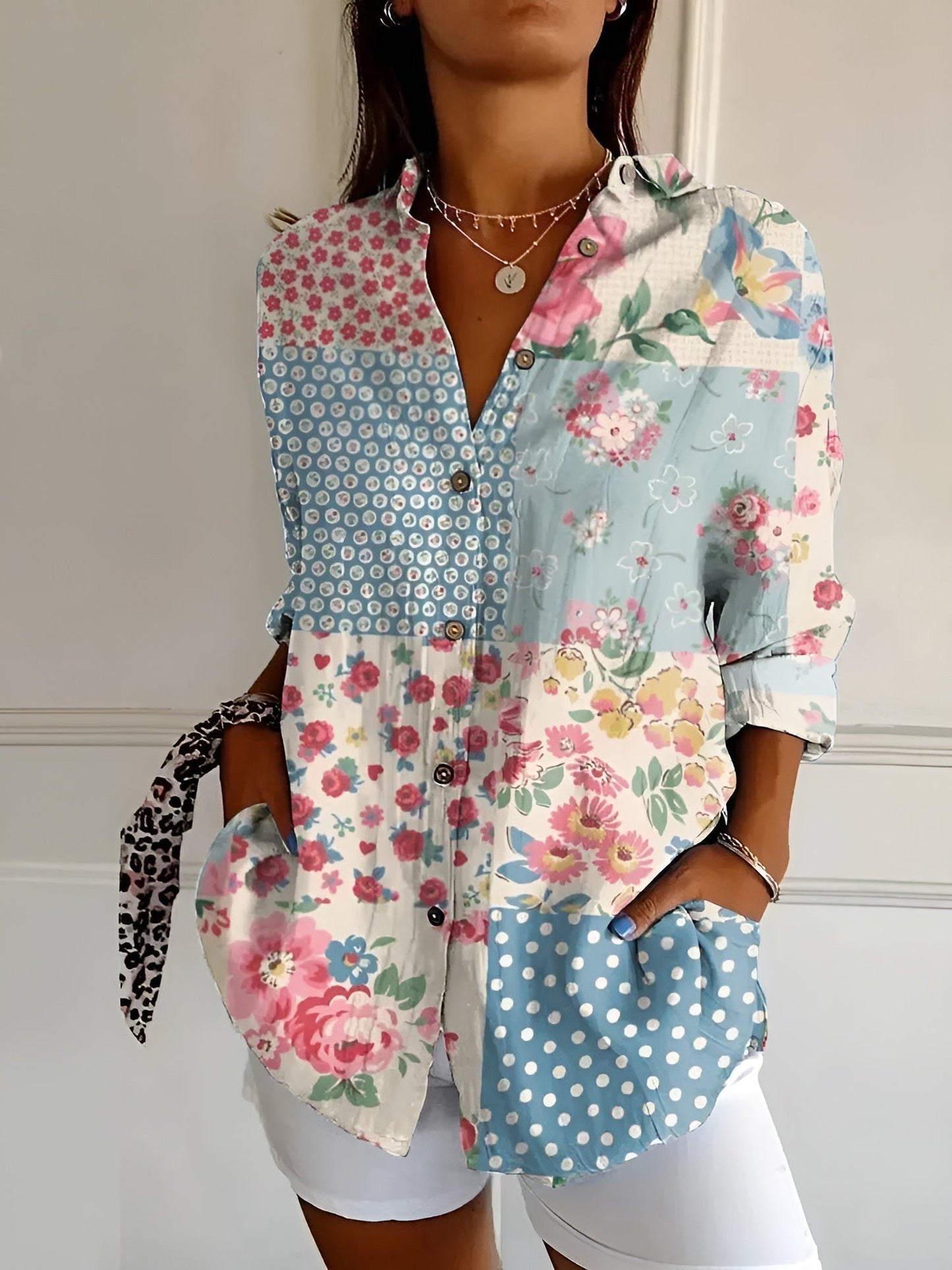 Blusa Floral Sin Esfuerzo para Mujeres con Cuello Abierto, Manga Larga y Estilo Oversized Relajado