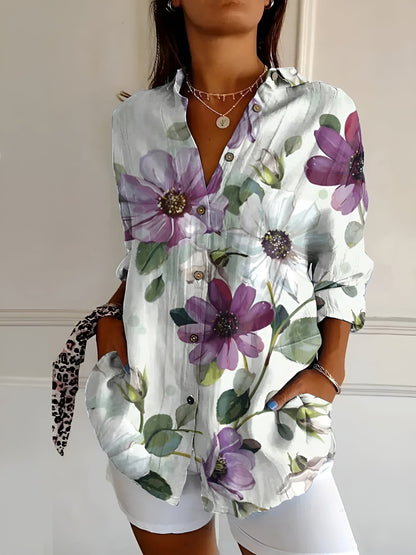 Blusa Floral Sin Esfuerzo para Mujeres con Cuello, Manga Larga, Botones en la Parte Frontal, Estilo Relajado y Fluido