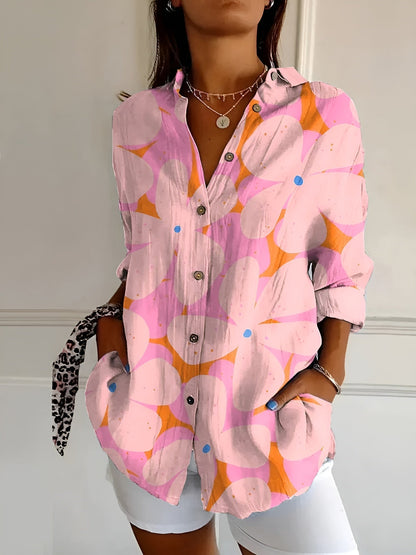 Blusa Floral Sin Esfuerzo para Mujeres con Cuello Abierto, Manga Larga y Estilo Oversized Relajado