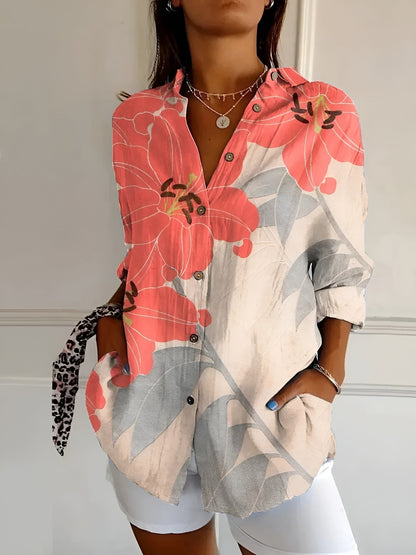 Blusa Floral Sin Esfuerzo para Mujeres con Cuello, Manga Larga, Botones en la Parte Frontal, Estilo Relajado y Fluido