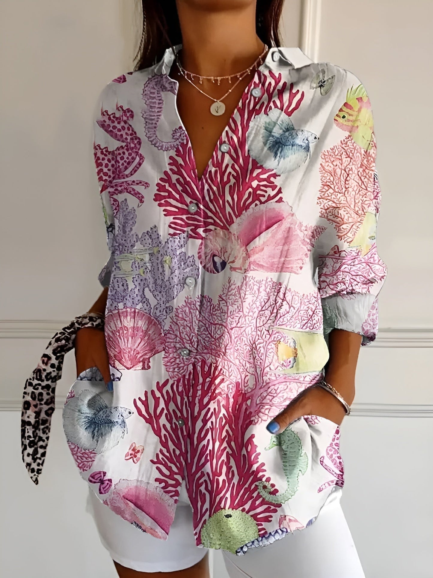 Blusa Floral Sin Esfuerzo para Mujeres con Cuello Abierto, Manga Larga y Estilo Oversized Relajado