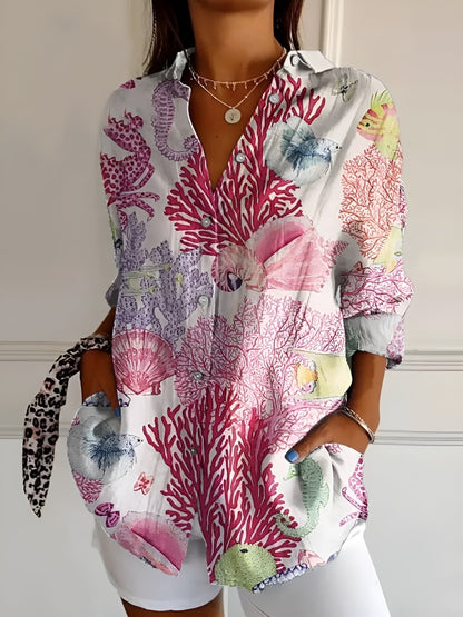 Blusa Floral Sin Esfuerzo para Mujeres con Cuello Abierto, Manga Larga y Estilo Oversized Relajado