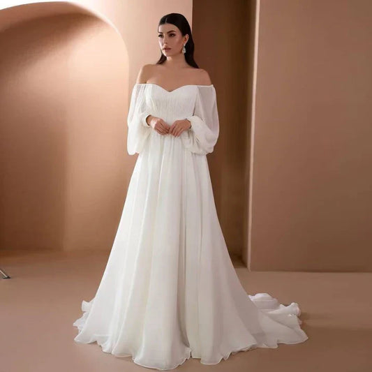 Elegante Vestido de Novia de Chiffon Blanco para Mujeres con Escote Corazón y Mangas Obispo Caídas Estilo A Linea