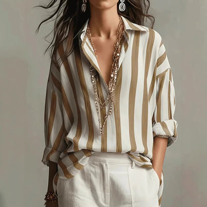 Blusa a Rayas Sin Esfuerzo para Mujeres con Cuello, Manga Larga, Estilo Relajado y Oversized