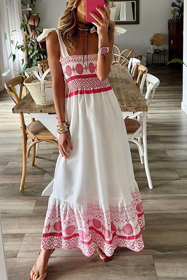 Vestido Maxi Boho Blanco Sin Esfuerzo para Mujeres con Escote Cuadrado y Tirantes Ajustables Estilo Fluido