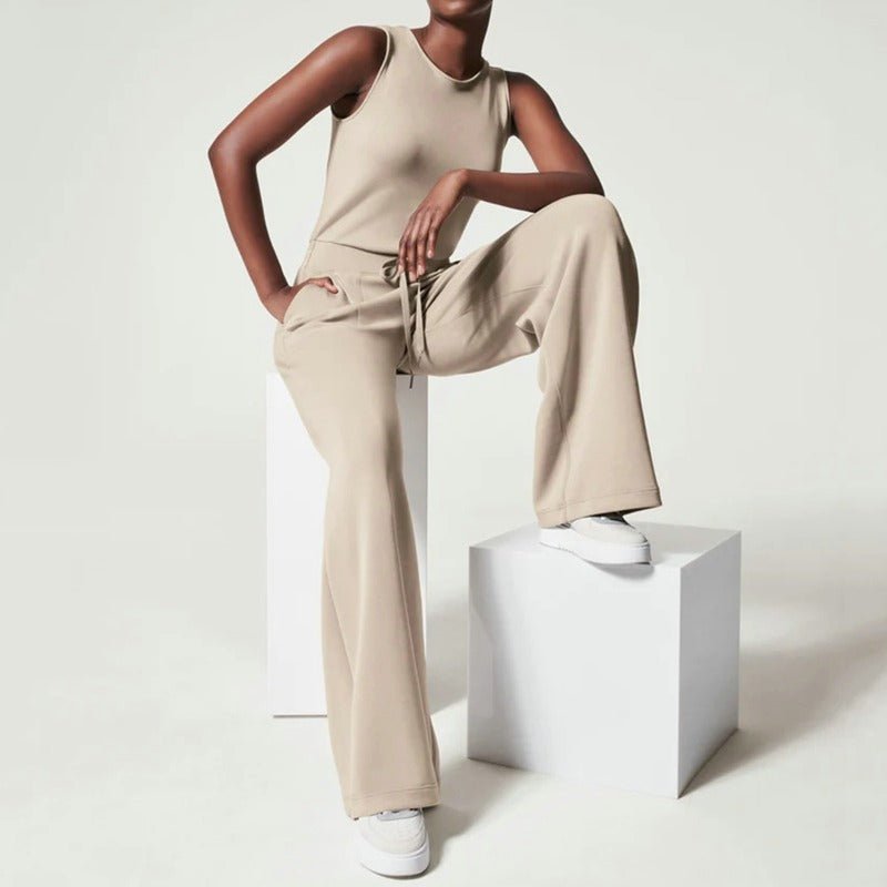 Conjunto de Pantalones Anchos de Punto Acanalado Sin Esfuerzo para Mujeres con Cuello Redondo y Sin Mangas, Estilo Relajado de Dos Piezas