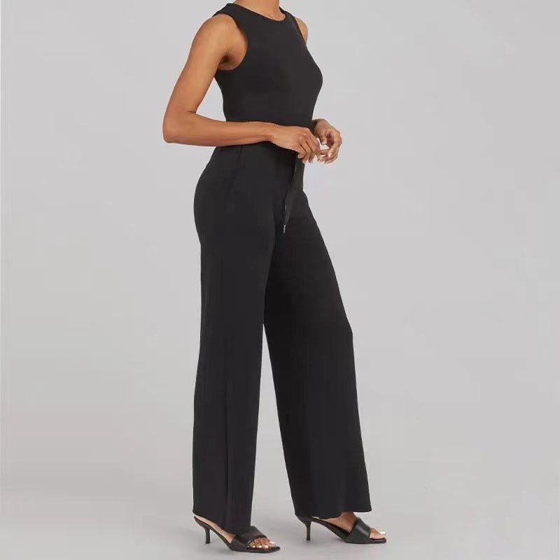 Conjunto de Pantalones Anchos de Punto Acanalado Sin Esfuerzo para Mujeres con Cuello Redondo y Sin Mangas, Estilo Relajado de Dos Piezas