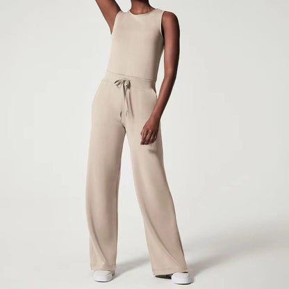Conjunto de Pantalones Anchos de Punto Acanalado Sin Esfuerzo para Mujeres con Cuello Redondo y Sin Mangas, Estilo Relajado de Dos Piezas