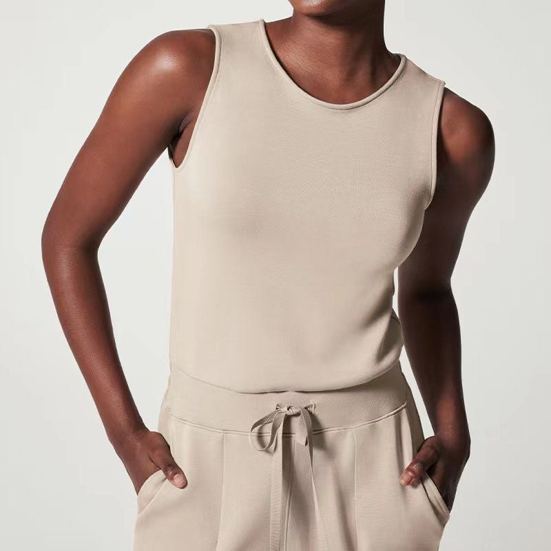 Conjunto de Pantalones Anchos de Punto Acanalado Sin Esfuerzo para Mujeres con Cuello Redondo y Sin Mangas, Estilo Relajado de Dos Piezas