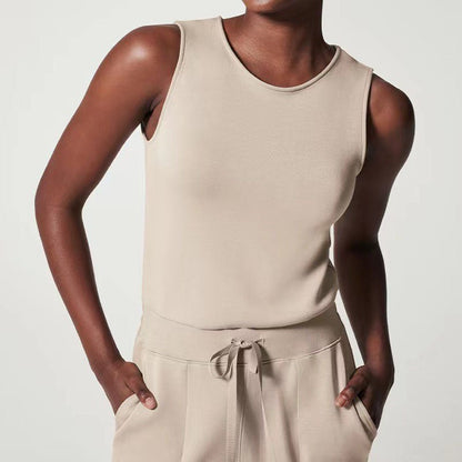 Conjunto de Pantalones Anchos de Punto Acanalado Sin Esfuerzo para Mujeres con Cuello Redondo y Sin Mangas, Estilo Relajado de Dos Piezas