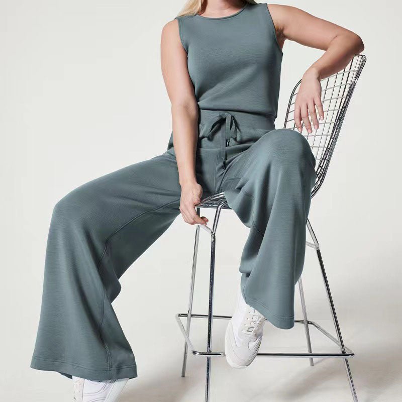 Conjunto de Pantalones Anchos de Punto Acanalado Sin Esfuerzo para Mujeres con Cuello Redondo y Sin Mangas, Estilo Relajado de Dos Piezas