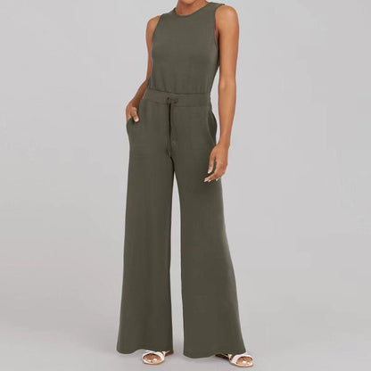Conjunto de Pantalones Anchos de Punto Acanalado Sin Esfuerzo para Mujeres con Cuello Redondo y Sin Mangas, Estilo Relajado de Dos Piezas