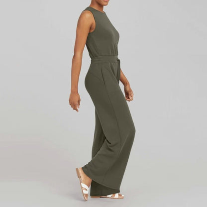 Conjunto de Pantalones Anchos de Punto Acanalado Sin Esfuerzo para Mujeres con Cuello Redondo y Sin Mangas, Estilo Relajado de Dos Piezas