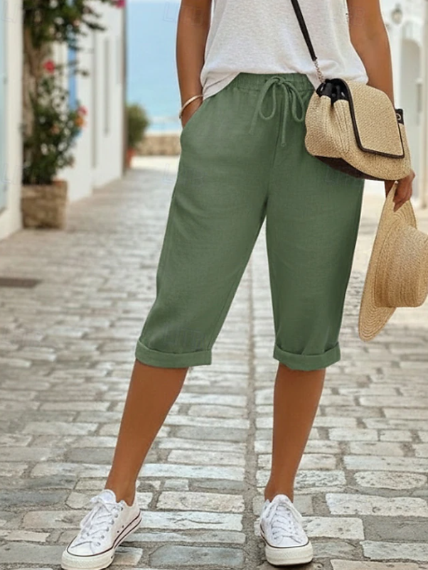 Pantalones Capri de Lino sin Esfuerzo para Mujeres con Cintura Alta, Cordón y Puños Doblados, Estilo Relajado y Casual