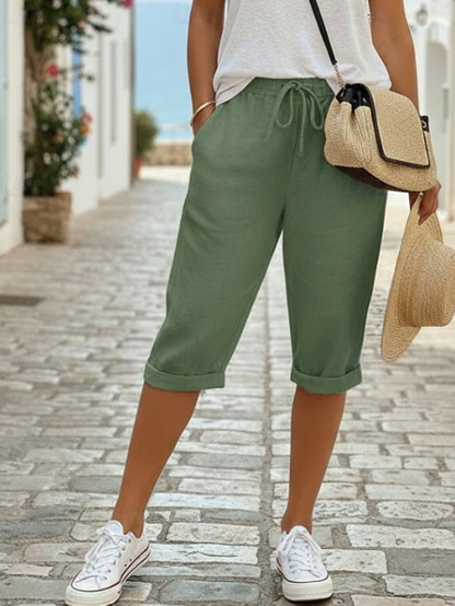 Pantalones Capri de Lino sin Esfuerzo para Mujeres con Cintura Alta, Cordón y Puños Doblados, Estilo Relajado y Casual