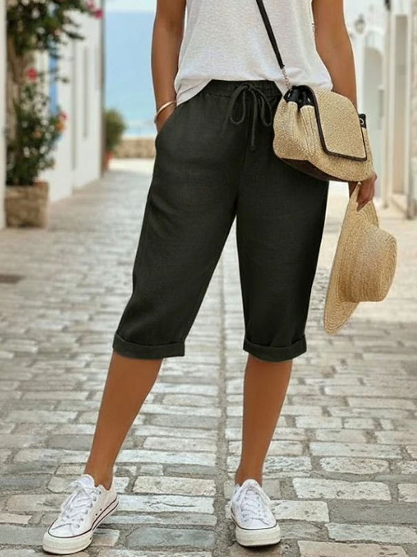 Pantalones Capri de Lino sin Esfuerzo para Mujeres con Cintura Alta, Cordón y Puños Doblados, Estilo Relajado y Casual