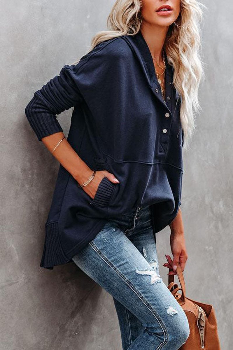 Sudadera con Botones a Presión para Mujeres con Capucha, Manga Larga y Puños Acanalados, Estilo Oversized