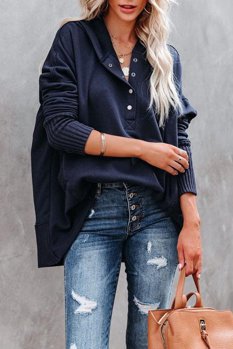 Sudadera con Botones a Presión para Mujeres con Capucha, Manga Larga y Puños Acanalados, Estilo Oversized