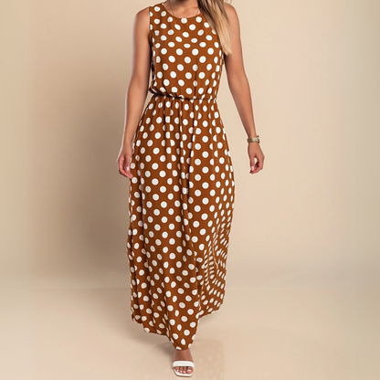 Vestido Maxi de Lunares sin Mangas para Mujeres con Cuello Redondo y Cintura Elástica, Estilo Fluyente