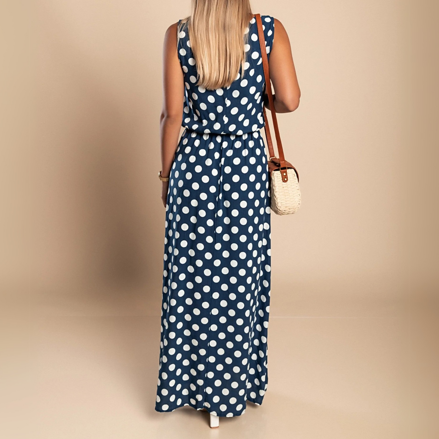 Vestido Maxi de Lunares sin Mangas para Mujeres con Cuello Redondo y Cintura Elástica, Estilo Fluyente