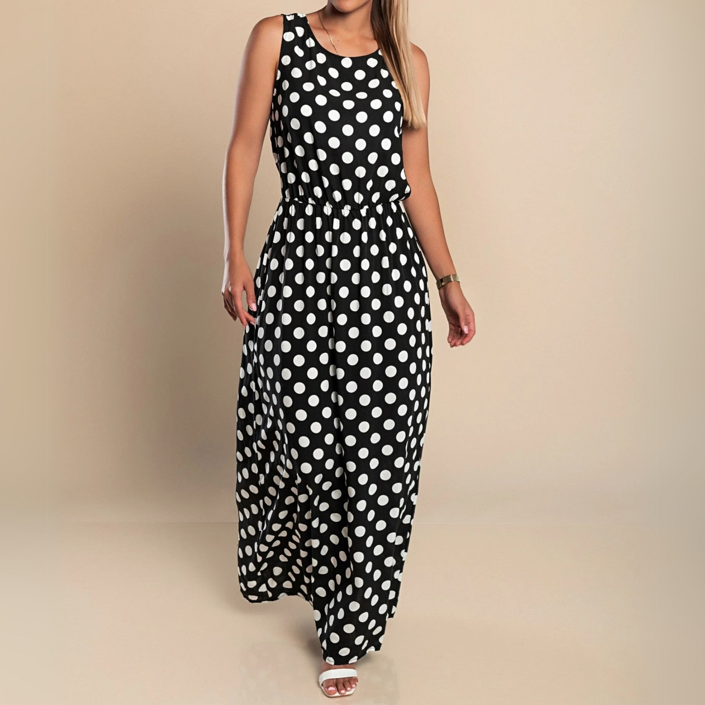 Vestido Maxi de Lunares sin Mangas para Mujeres con Cuello Redondo y Cintura Elástica, Estilo Fluyente