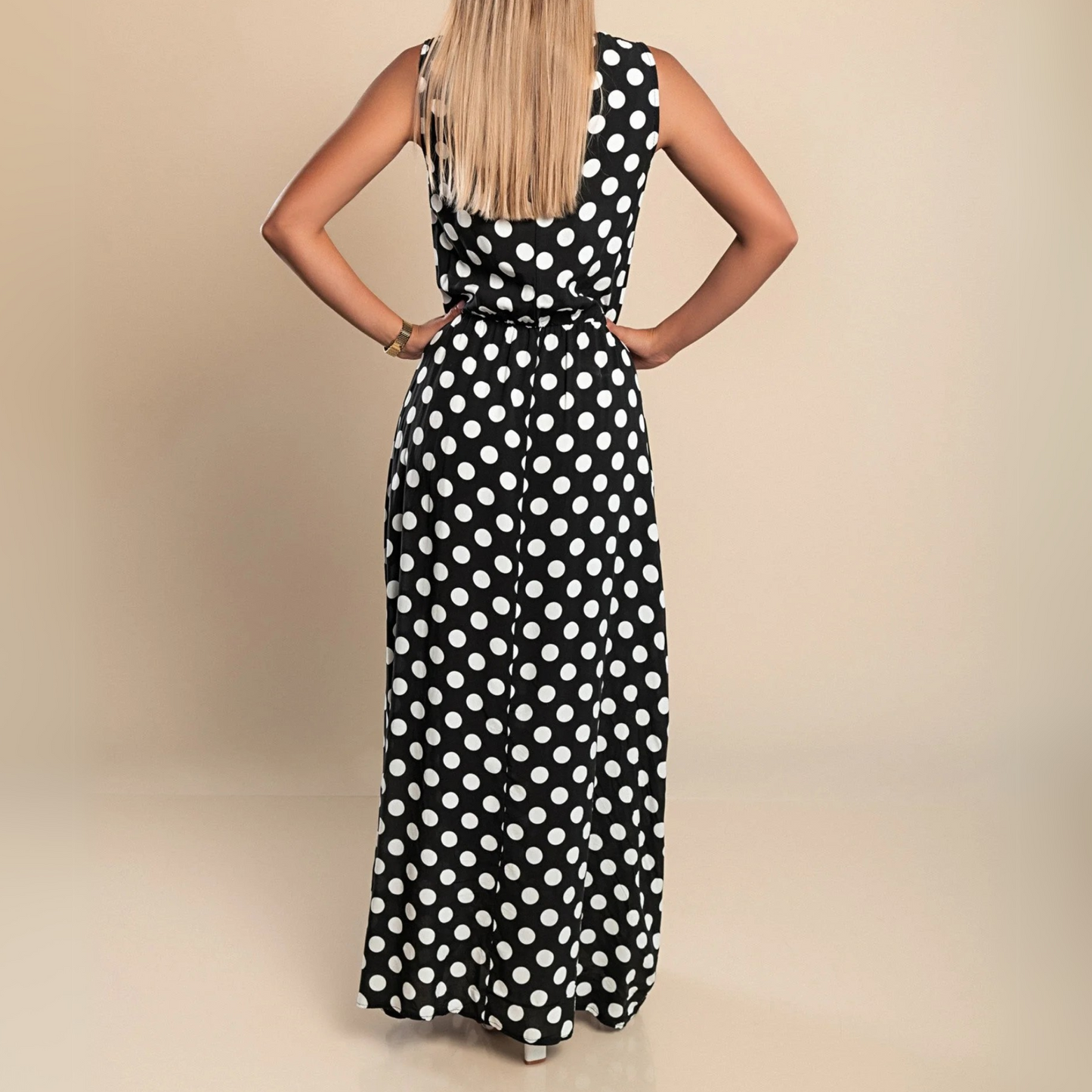 Vestido Maxi de Lunares sin Mangas para Mujeres con Cuello Redondo y Cintura Elástica, Estilo Fluyente