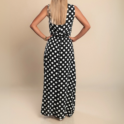 Vestido Maxi de Lunares sin Mangas para Mujeres con Cuello Redondo y Cintura Elástica, Estilo Fluyente