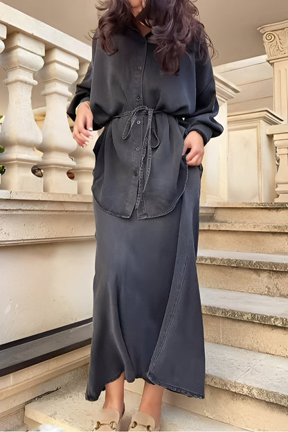 Conjunto de Satén de Dos Piezas para Mujeres con Cierre de Botones y Falda Larga con Cintura Ajustable Estilo Relajado