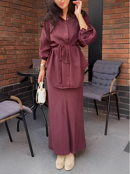 Conjunto de Satén de Dos Piezas para Mujeres con Cierre de Botones y Falda Larga con Cintura Ajustable Estilo Relajado