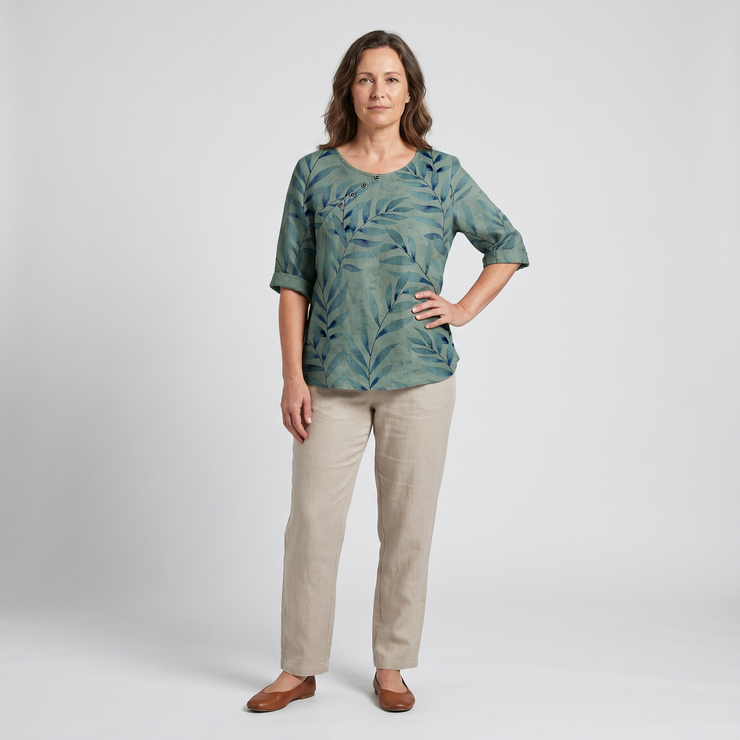 Blusa de Lino con Estampado Botánico para Mujeres, de Cuello Redondo, Manga de Codo, Con Botones, Estilo Relajado