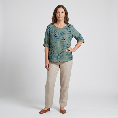 Blusa de Lino con Estampado Botánico para Mujeres, de Cuello Redondo, Manga de Codo, Con Botones, Estilo Relajado