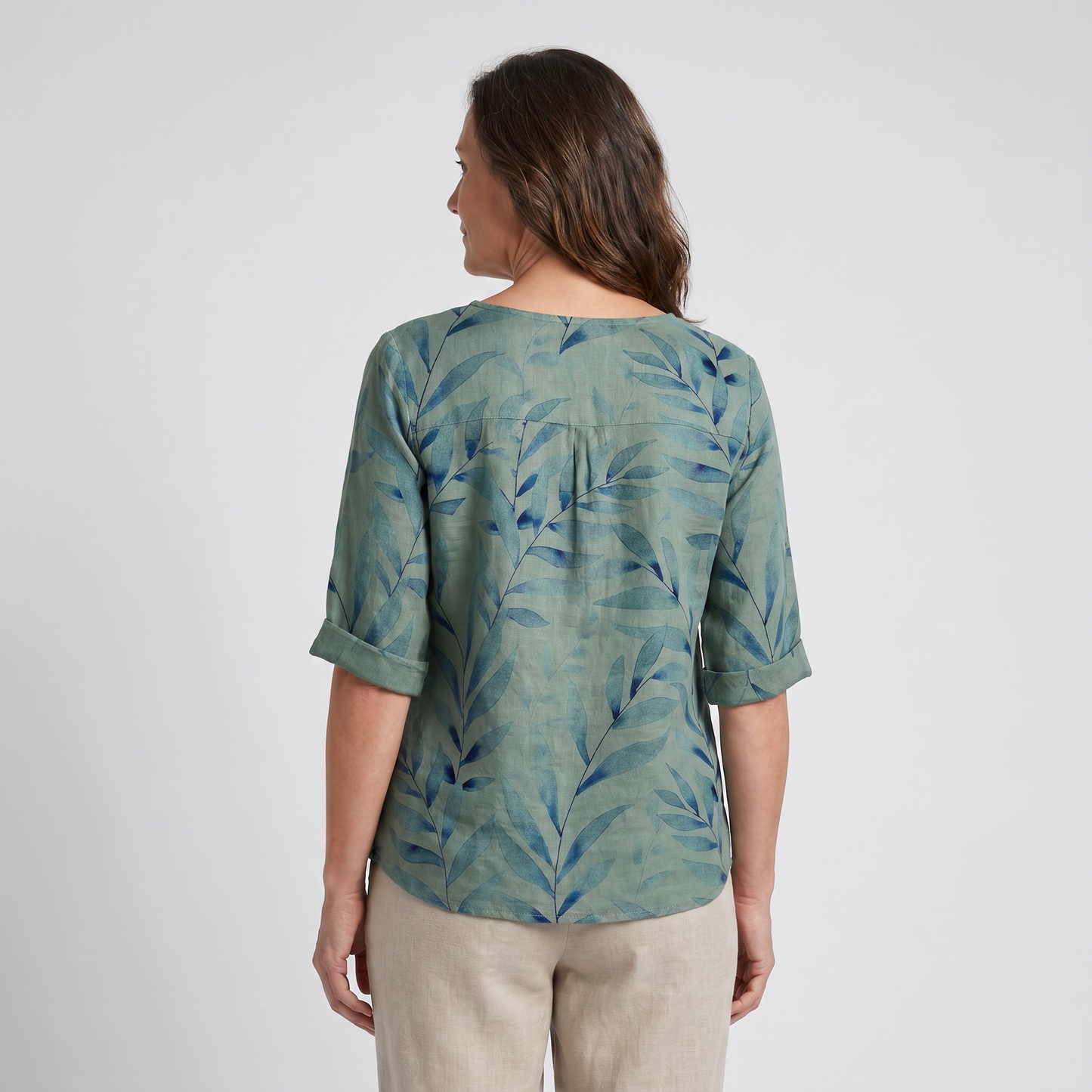 Blusa de Lino con Estampado Botánico para Mujeres, de Cuello Redondo, Manga de Codo, Con Botones, Estilo Relajado