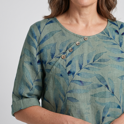 Blusa de Lino con Estampado Botánico para Mujeres, de Cuello Redondo, Manga de Codo, Con Botones, Estilo Relajado