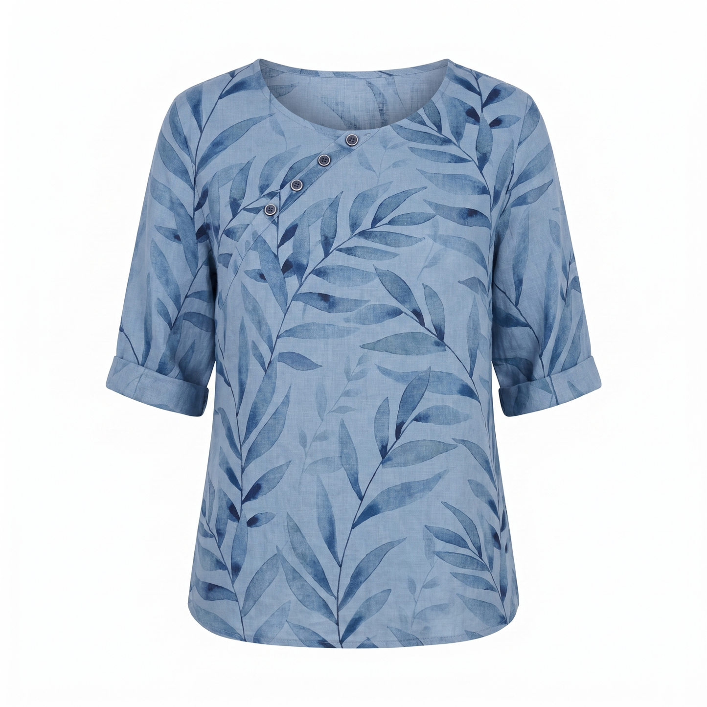 Blusa de Lino con Estampado Botánico para Mujeres, de Cuello Redondo, Manga de Codo, Con Botones, Estilo Relajado
