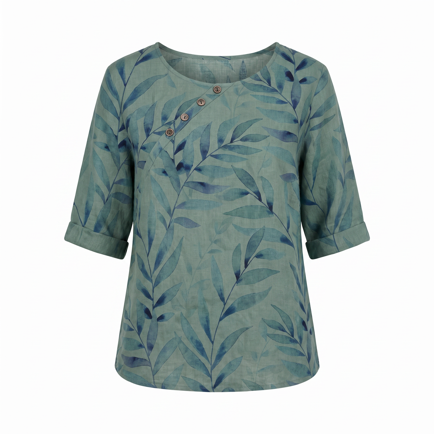 Blusa de Lino con Estampado Botánico para Mujeres, de Cuello Redondo, Manga de Codo, Con Botones, Estilo Relajado
