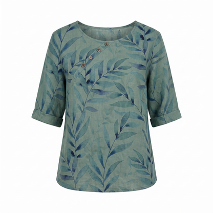 Blusa de Lino con Estampado Botánico para Mujeres, de Cuello Redondo, Manga de Codo, Con Botones, Estilo Relajado