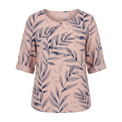 Blusa de Lino con Estampado Botánico para Mujeres, de Cuello Redondo, Manga de Codo, Con Botones, Estilo Relajado