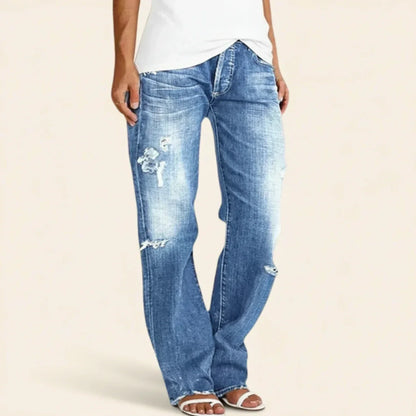 Jeans Rasgados Elegantes para Mujeres con Cintura Alta, Ajuste Relajado y Pierna Recta Estilo Vaquero Azul