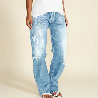 Jeans Rasgados Elegantes para Mujeres con Cintura Alta, Ajuste Relajado y Pierna Recta Estilo Vaquero Azul