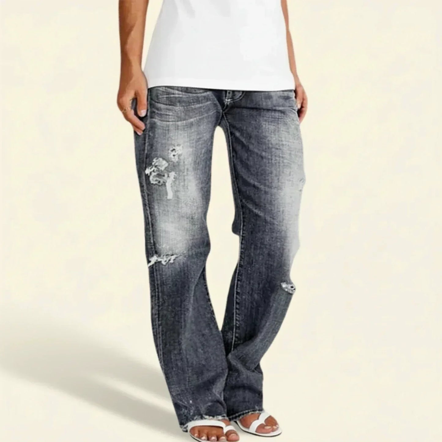 Jeans Rasgados Elegantes para Mujeres con Cintura Alta, Ajuste Relajado y Pierna Recta Estilo Vaquero Azul