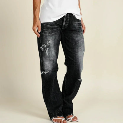 Jeans Rasgados Elegantes para Mujeres con Cintura Alta, Ajuste Relajado y Pierna Recta Estilo Vaquero Azul
