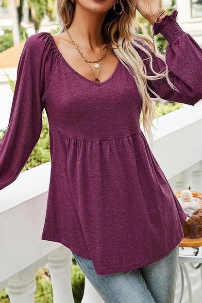 Blusa Peplum de Punto Sin Esfuerzo para Mujeres con Escote en V, Manga Larga y Puños Fruncidos