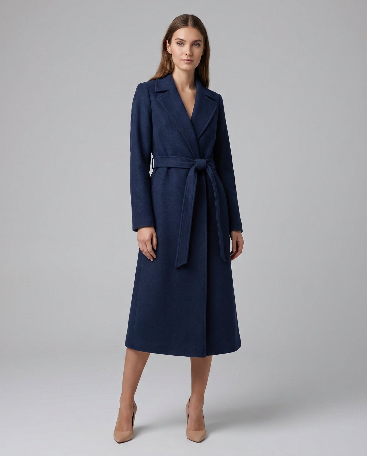 Abrigo Elegante de Lana Azul Marino para Mujeres con Solapa Notch, Manga Larga y Cinturón
