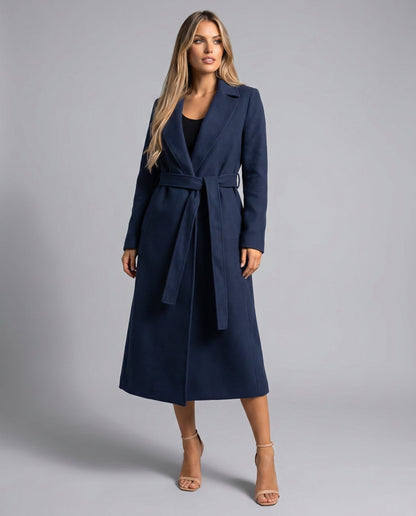 Abrigo Elegante de Lana Azul Marino para Mujeres con Solapa Notch, Manga Larga y Cinturón