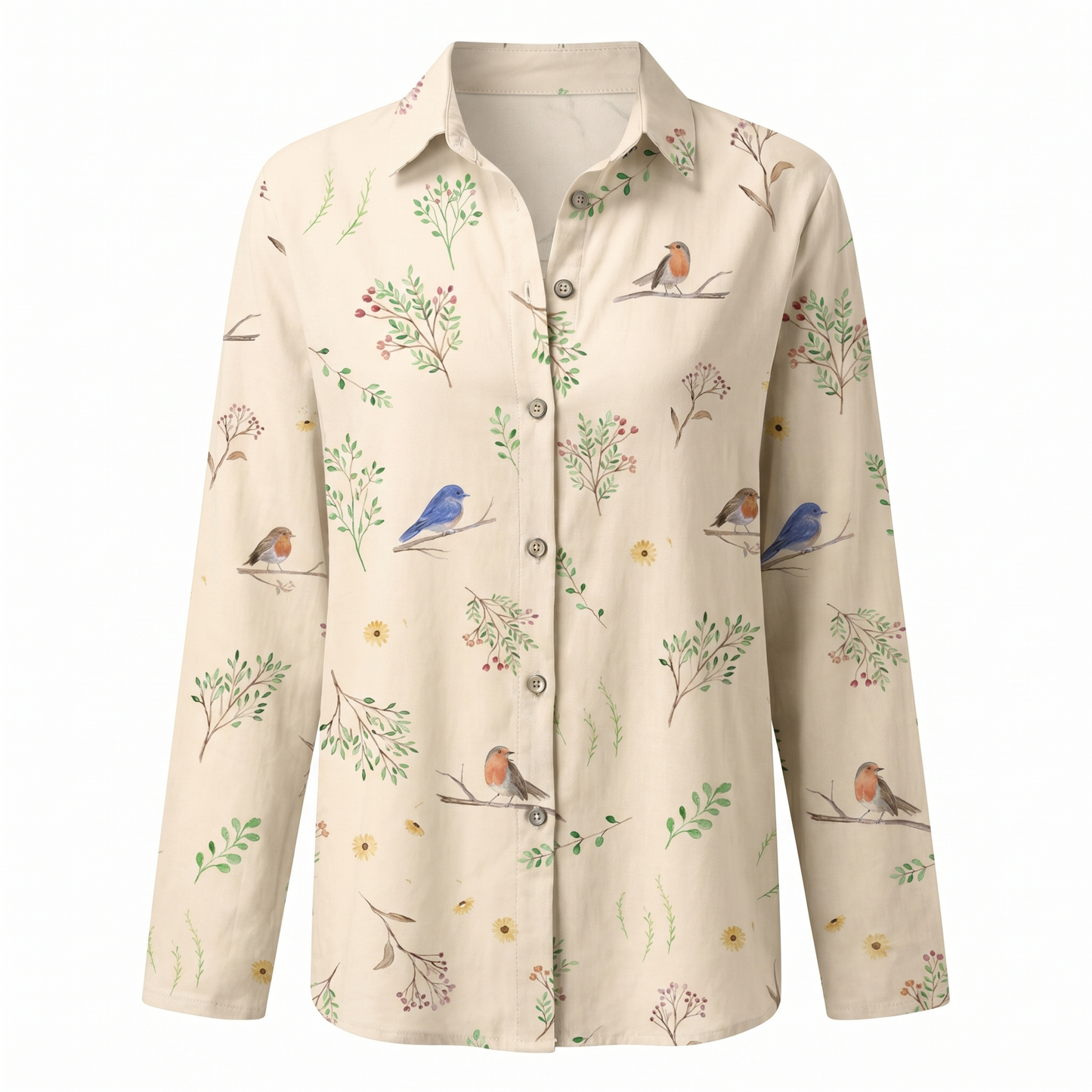 Blusa Floral Sin Esfuerzo para Mujeres con Cuello, Manga Larga, Botones en la Parte Frontal, Estilo Relajado y Fluido